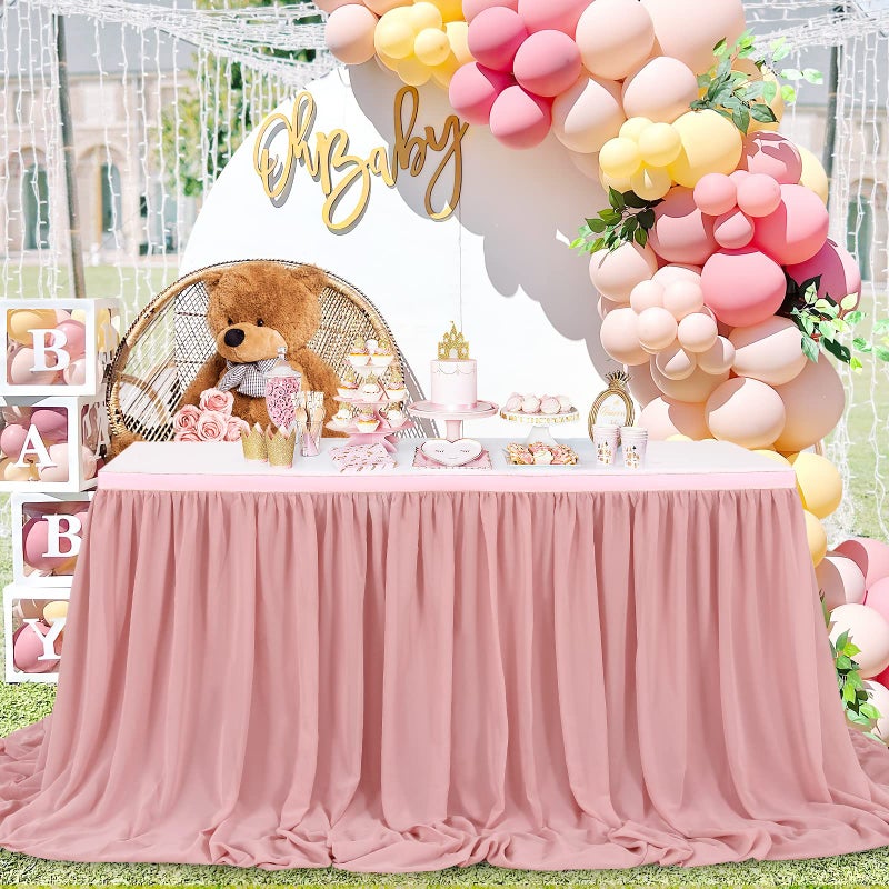 QueenDream Dusty Rose 6ft Table Skirt for Rectangle Tables or Round Tables Sheer Tablecloth for Baby Girl Birthday Princess Party Wedding Table Decor - Image 2